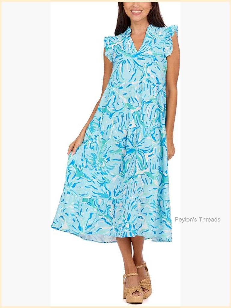 Tiered Maxi Dress With Ruffle V-Neck & Flutter Sleeves
